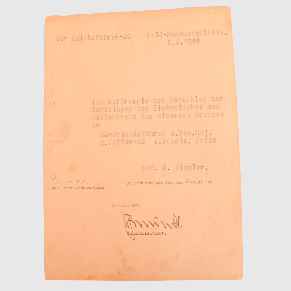 RECOMMENDATION LETTERS FOR THE OAKLEAVES FOR SS BRIGARDEFUHRER FRITZ VON SCHOLZ