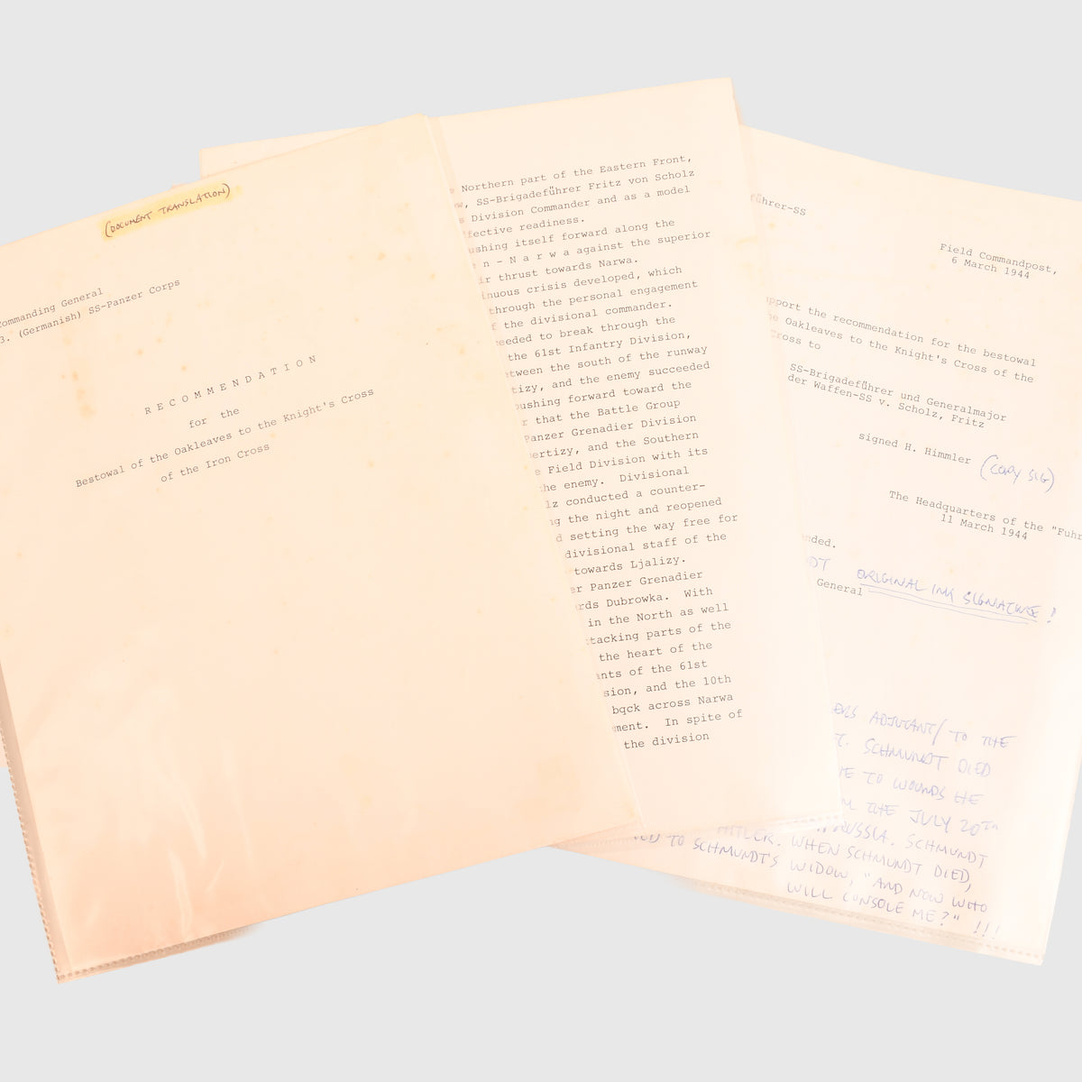 RECOMMENDATION LETTERS FOR THE OAKLEAVES FOR SS BRIGARDEFUHRER FRITZ VON SCHOLZ