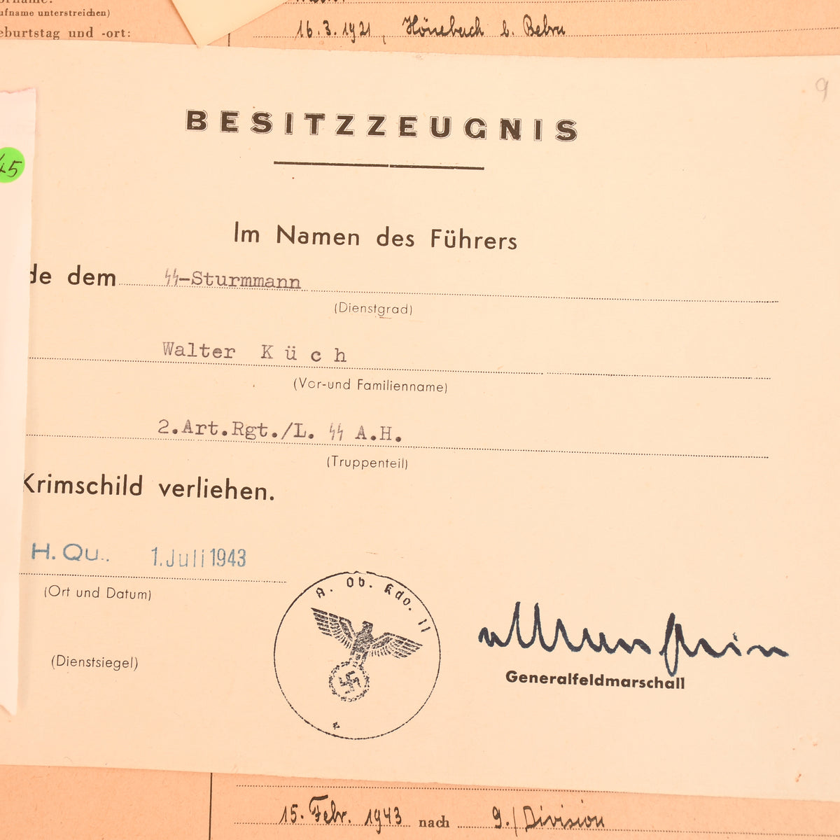 GERMAN WWII LEIBSTANDARTE ADOLF HITLER COMPLETE FILE