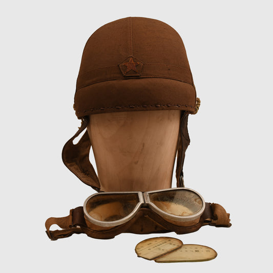JAPANESE WWII TANKERS HELMET WITH EXTREMELY RARE GOGGLES AND SPARE LENSES