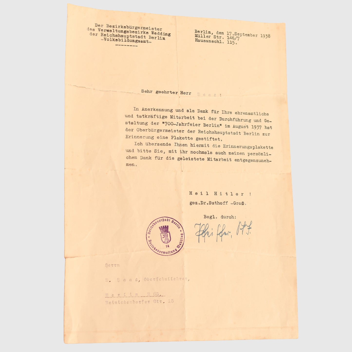 German WWII Berlin Presentation Plaque