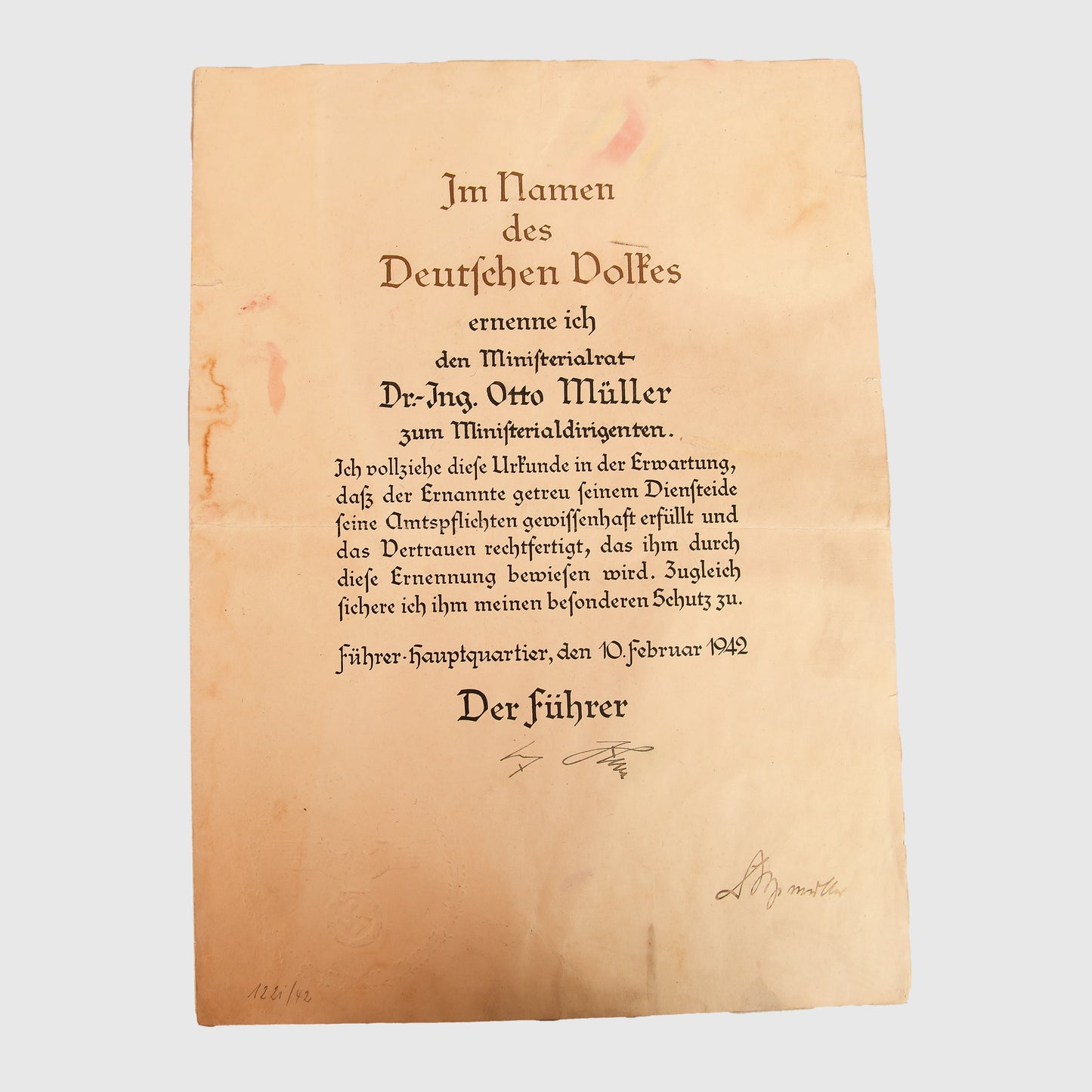 German WWII Adolf Hitler Signed Promotion Document – 1942